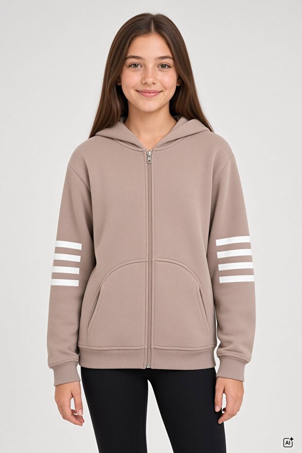 Brown Girls' Cardigan with Striped Sleeves and Detailed 3-Thread Design 24726