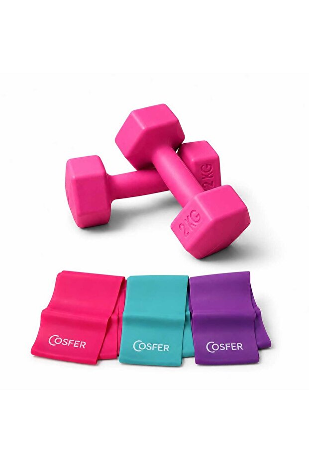 Pink Dumbbells 2 kg X 2 and Pilates Resistance Bands 3 Pieces