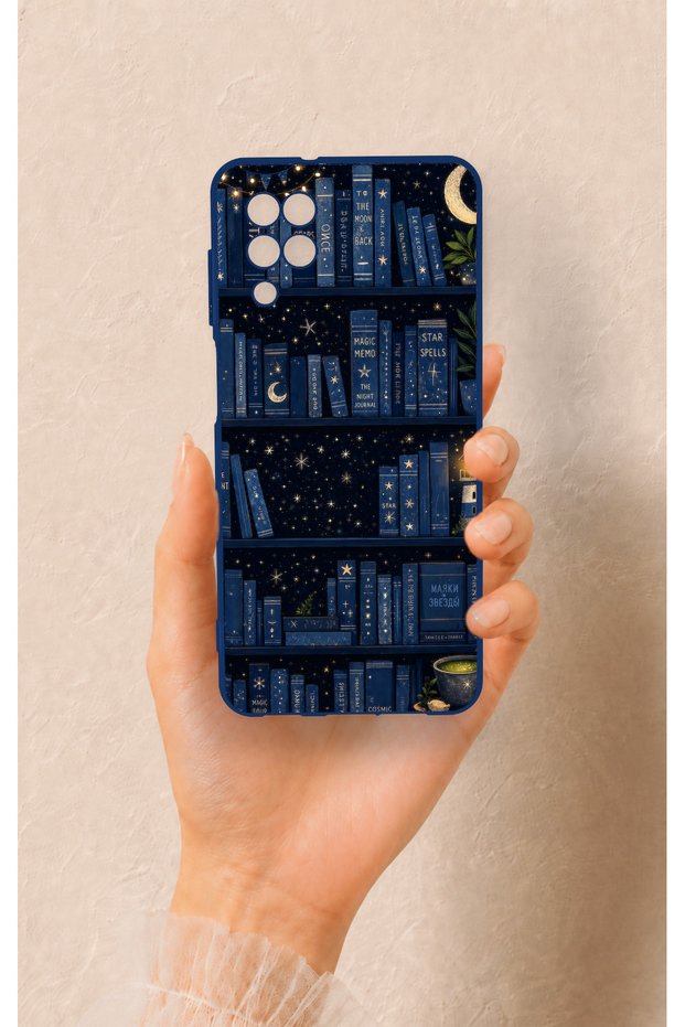 Samsung A12 Compatible Night Themed Bookshelf Patterned Silicone Case