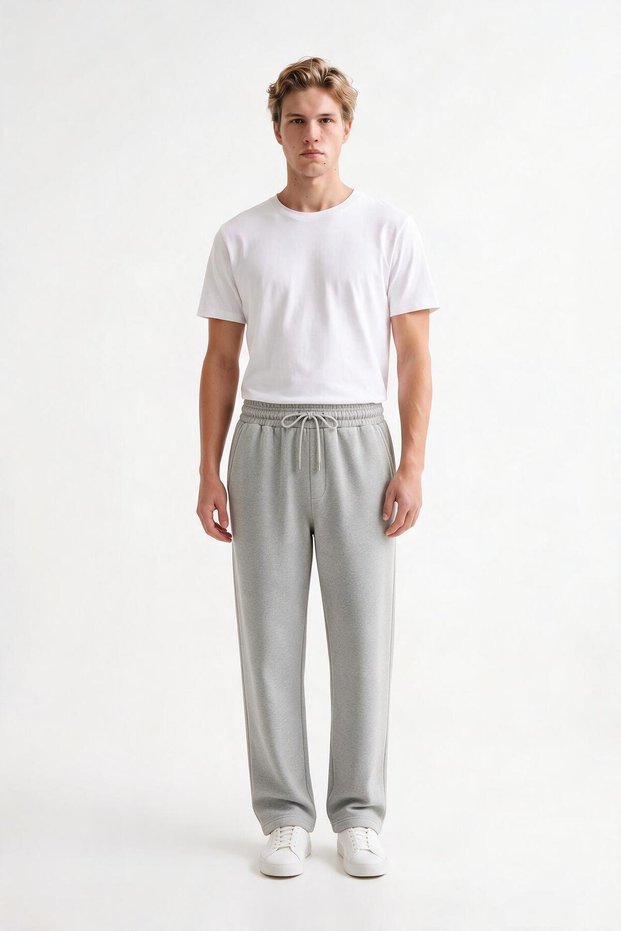 Men's Gray 3 Thread Ribbed Sweatpants with Straight Legs, Comfortable Cut, Elastic Waist and Pockets