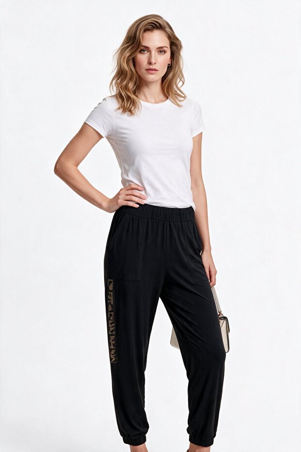 Leopard stone detailed pants with elasticated leg