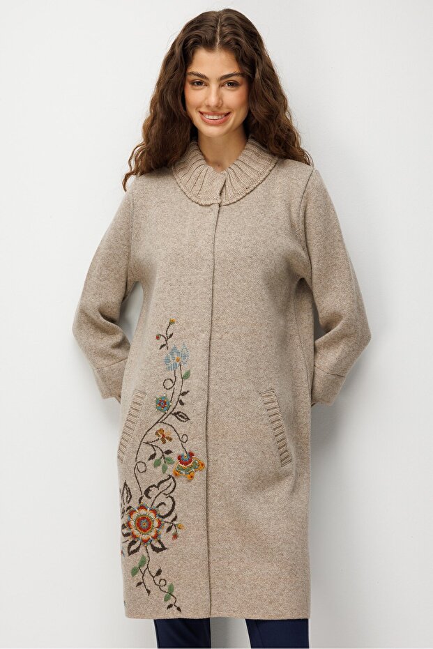 Women's High Collar Patterned Long Wool Coat Dark Beige