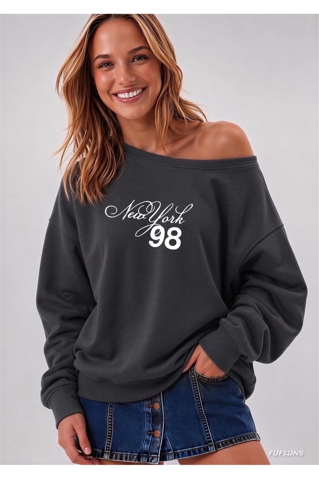 New York 98 Printed Oversized Women's Boat Neck Sweatshirt