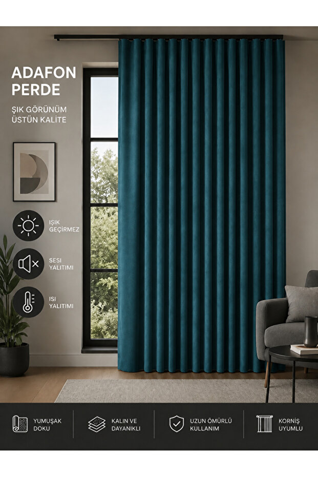 Petrol Blue Adafon Fon Curtain with Velvet Texture, Stylish and Soft Textured Decorative Curtain Compatible with Cornice