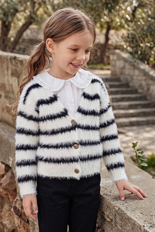 Striped Buttoned Girls' Plush Cardigan
