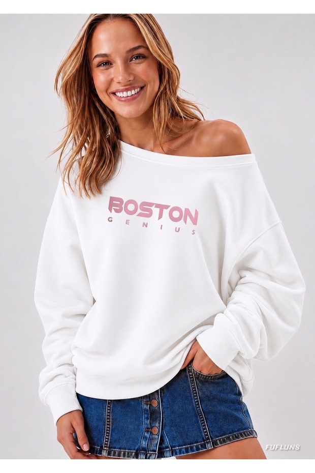 Boston Printed Oversized Women's Boat Neck Sweatshirt