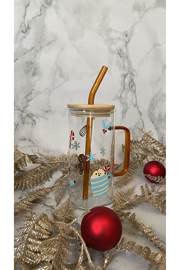 Holiday Glass Tumbler with Straw – Gingerbread & Candy Cane Design