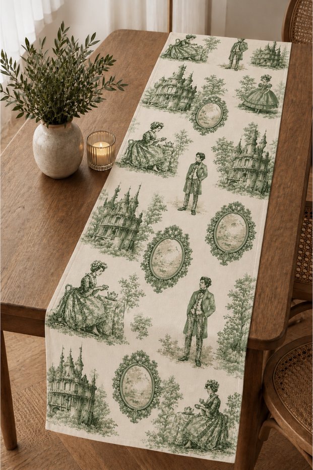 French Castle Patterned Duck Fabric 40X140 Runner Vintage Country Stylish Decorative Tablecloth