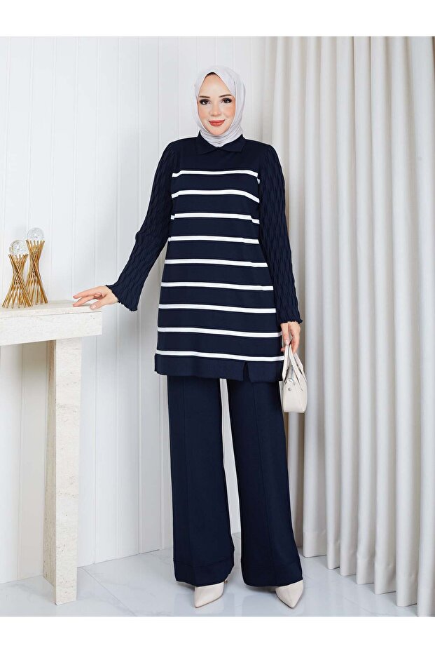 Knitwear Striped Double Set Navy Blue