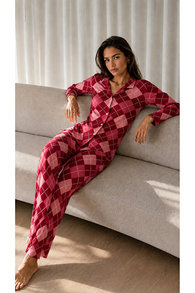 Women's Patterned Basic Winter Red Pajama Set