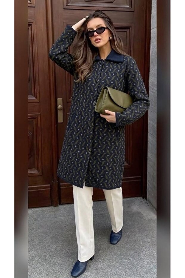 Patterned Steel Knitted Long Knitwear Women's Coat