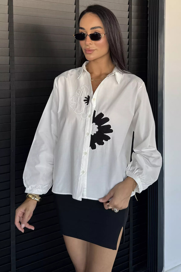 White Women's Modern Shirt with Floral Appliques