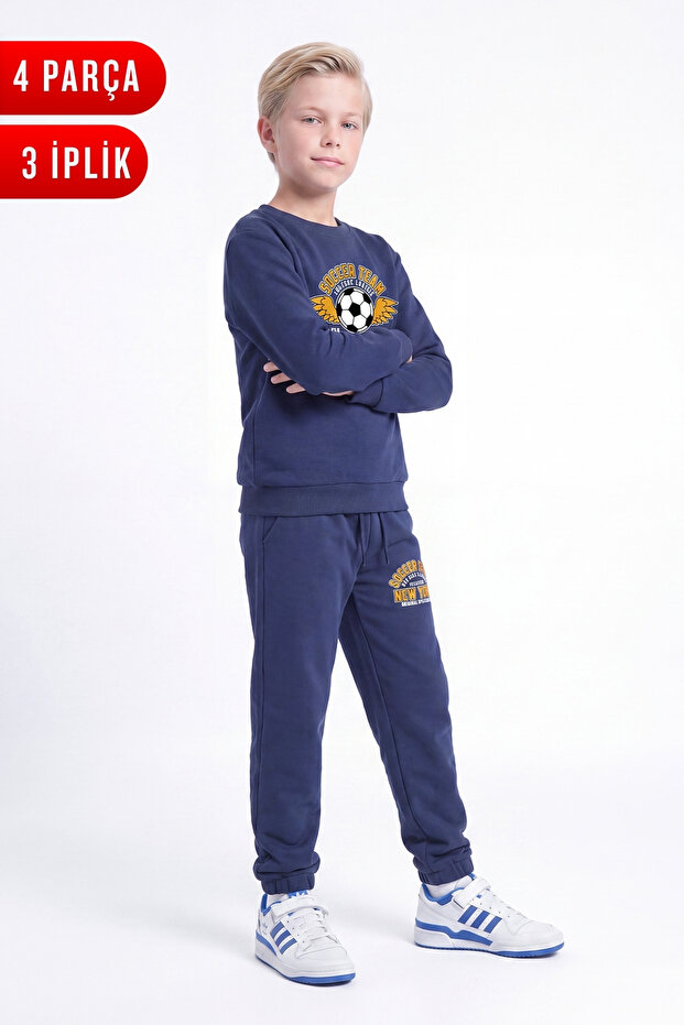 3 Thread Printed Boys' Double Pocket Crew Neck Sweatshirt Set