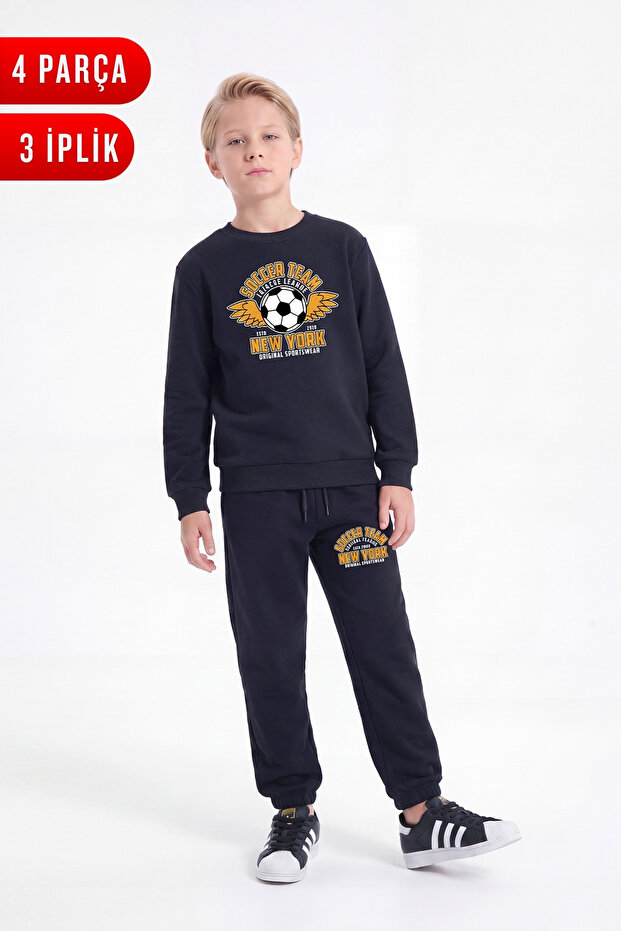 3 Thread Printed Boys' Double Pocket Crew Neck Sweatshirt Set