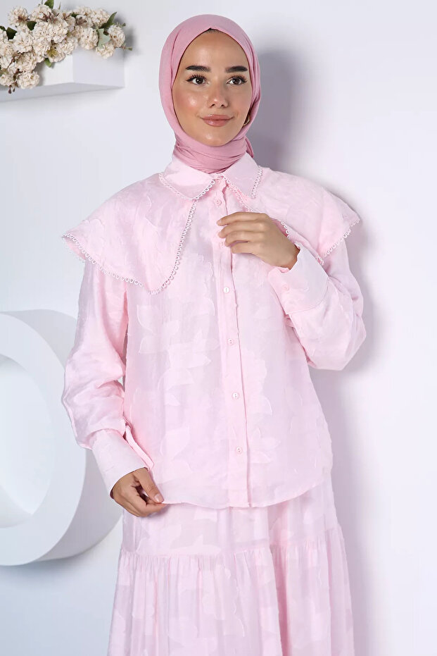 Pink Collar Detailed Patterned Hijab Shirt