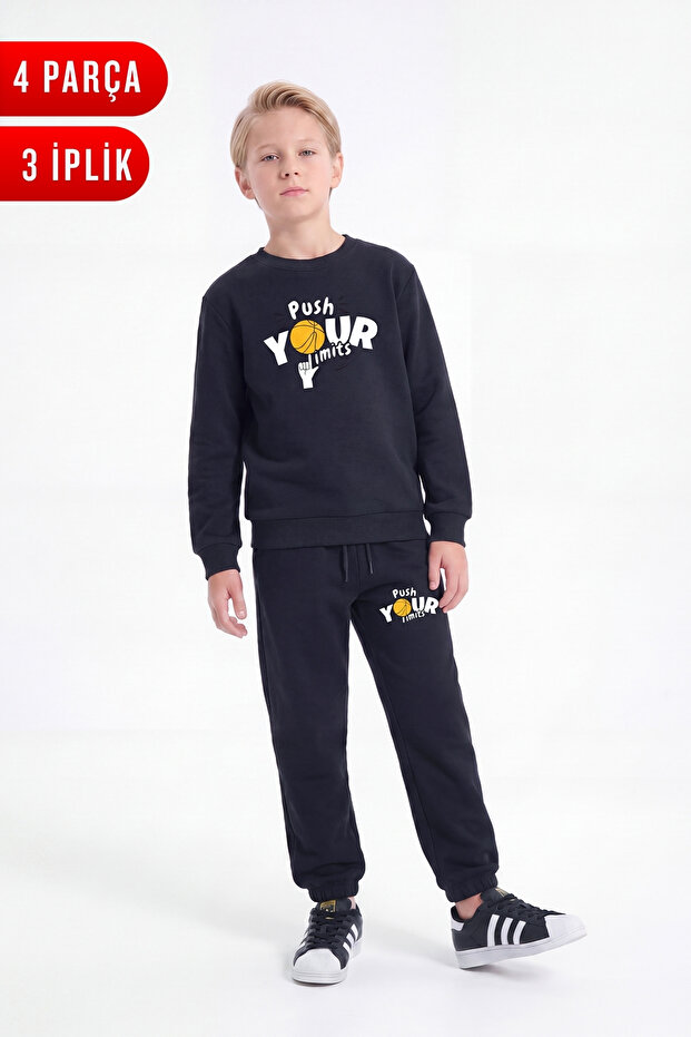 3 Thread Printed Boys' Double Pocket Crew Neck Sweatshirt Set