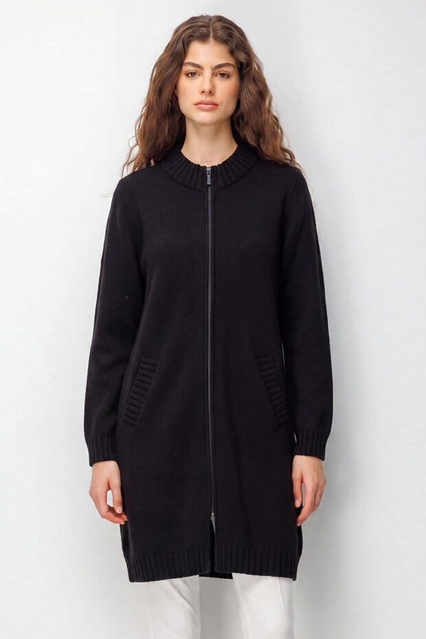 Women's Stand Collar Basic Zippered Long Wool Coat Black