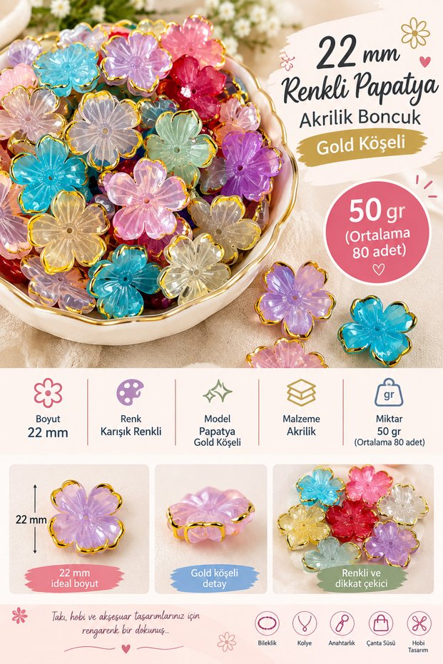 22 mm Colorful Daisy Acrylic Beads – Gold Cornered (50 Gr)