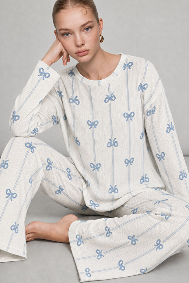 Women's Patterned Breathable Ecru Pajama Set 4690