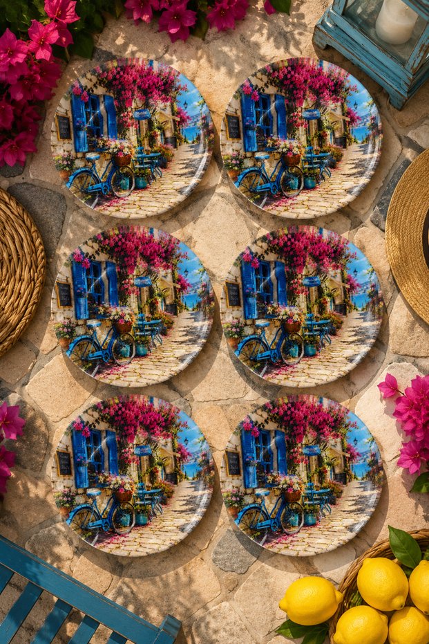6-Piece Glass Tea Plate Set - Aegean Street Bicycle and Bougainvillea Patterned 12 cm - 6 Tea Plates