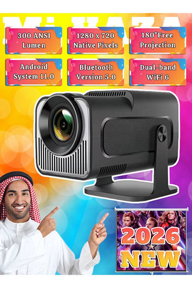 جهاز عرض محمول - يدعم تقنية 4K - جهاز عرض ذكي مع واي فاي ثنائي النطاق 5G وبلوتوث 5.0 - مسرح منزلي متنقل - متوافق مع أندرويد/iOS/ويندوز/TV Stick/HDMI/USB