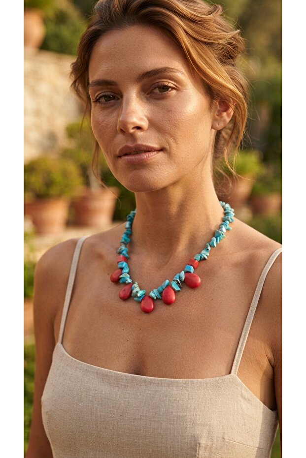 Handmade Special Design Necklace with Drip Coral and Broken Turquoise Natural Stones