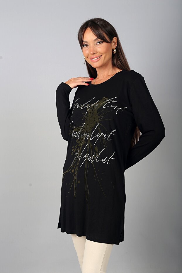 Women's Front Embossed Patterned Round Neck Long Sleeve Tunic