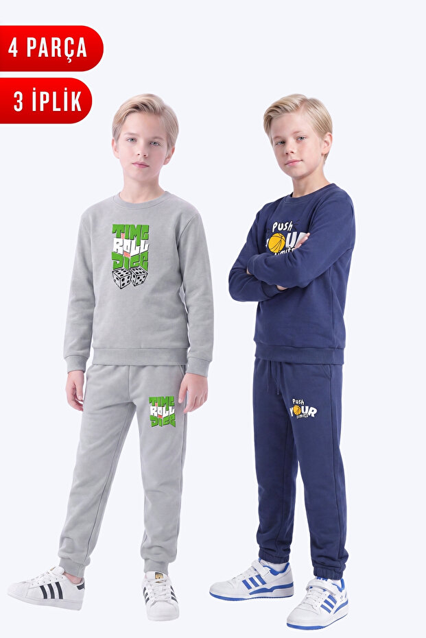 3 Thread Printed Boys' Double Pocket Crew Neck 2-Piece Tracksuit Set 4 Pieces