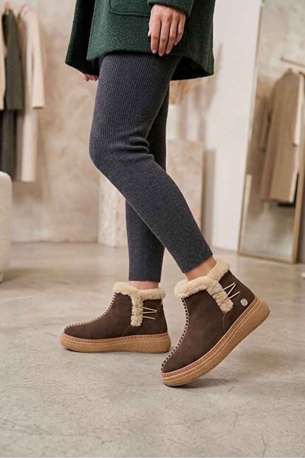 Women's coffee brown 100% genuine leather winter boots - waterproof, non-slip eva sole, lightweight & comfortable style.