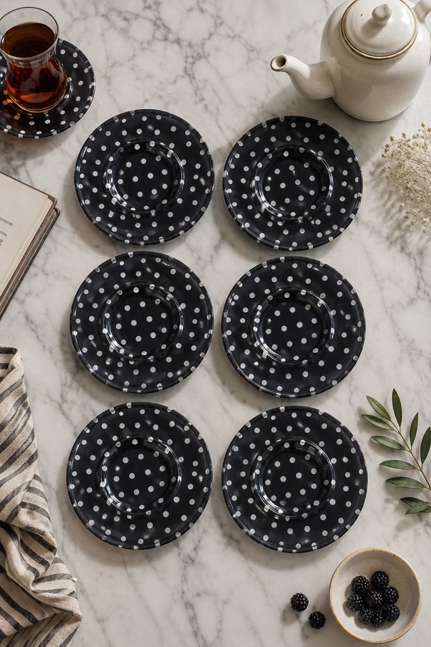 Set of 6 Glass Tea Plates – Black and White Polka Dot Pattern 12 cm – 6 Tea Plates