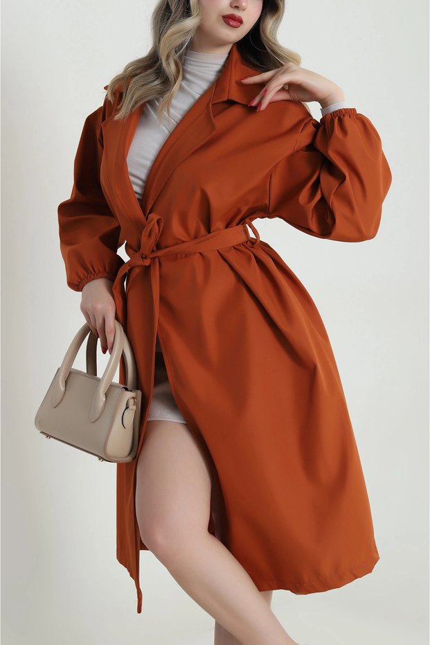 Women's Double-neck Collar Waist Balloon Sleeve Trench Coat