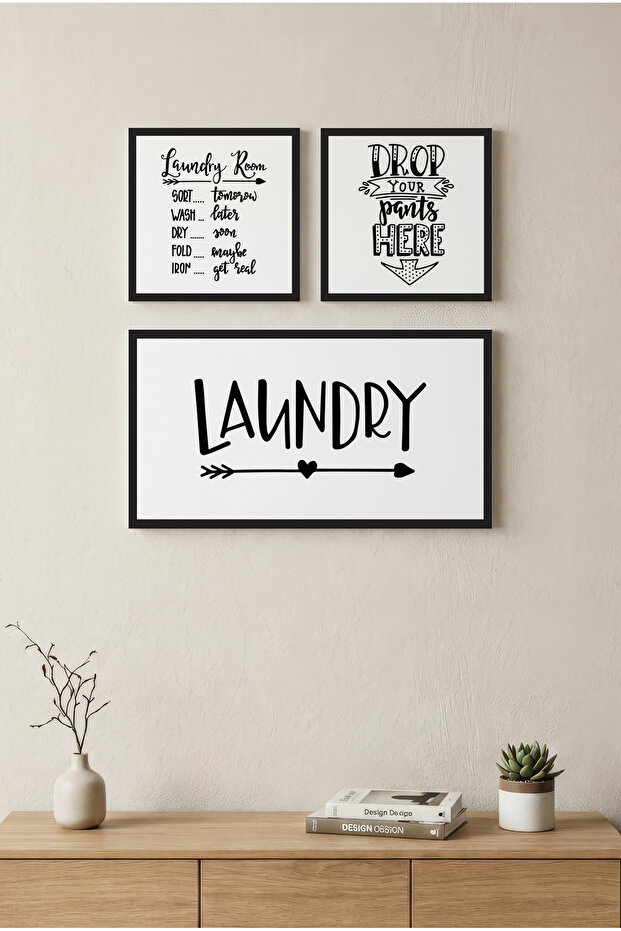 Drop Your Pants Here Concept - 3-Piece Black Wooden Frame Look Mdf Painting Set