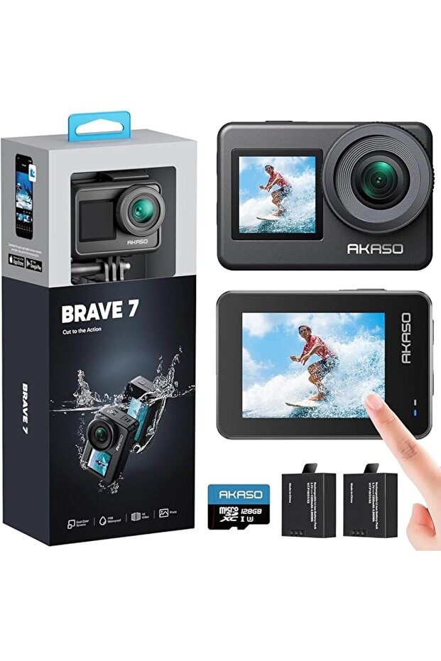 كاميرا أكشن برايف 7 بدقة 4K و30 إطارًا في الثانية و20 ميجابكسل مع بطاقة ذاكرة مايكرو SDXC سعة 128 جيجابايت U3، كاميرا مقاومة للماء مع