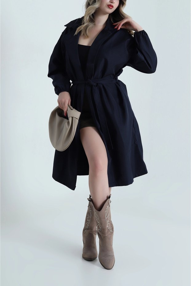 Women's Double-neck Collar Waist Balloon Sleeve Trench Coat