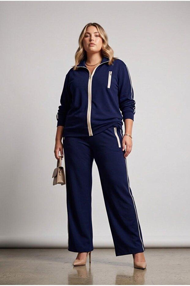 Women's Plus Size Long Sleeve Zipper Detailed Tracksuit Set 8297-27