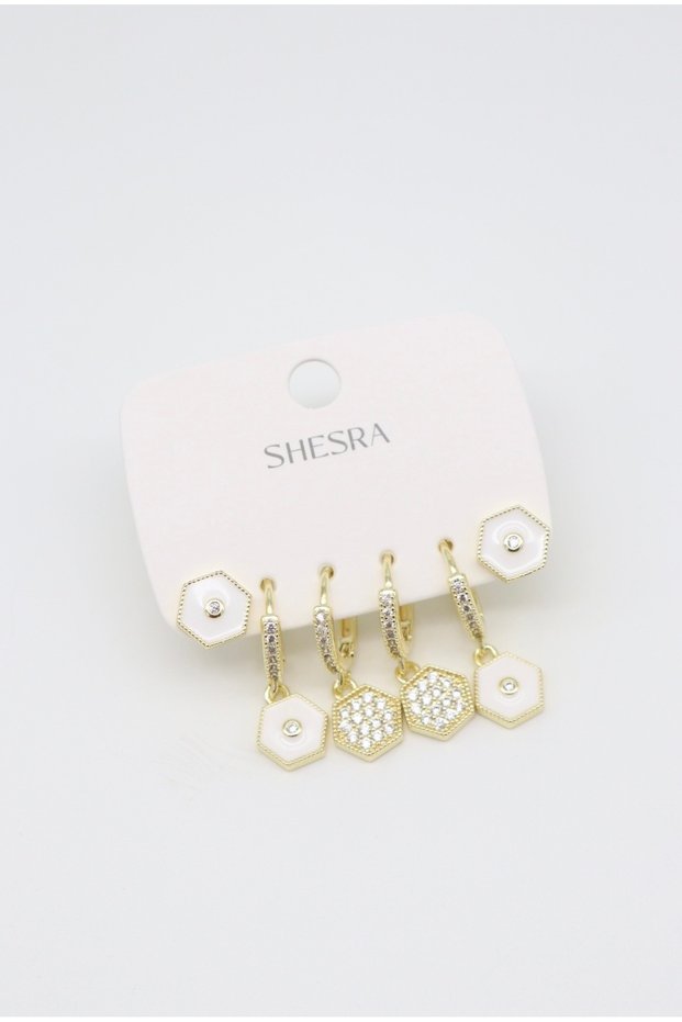 Vip Gold 6-Piece White Honeycomb Design Stone Detailed Anti-Tarnish Steel Stylish Earring Set