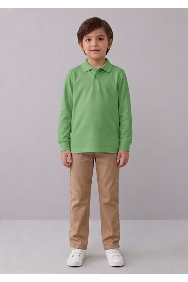 Unisex Children's 2-Piece Combination Long Sleeve Polo Collar T-Shirt - Beige Ribbed Waist Elastic Canvas School Pants School Outfit