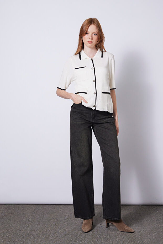 Striped Detail Tricot Cardigan Ecru-Black