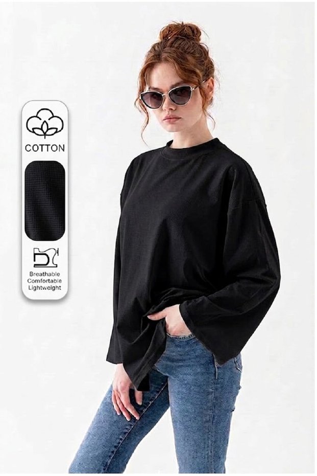 Long Sleeve Cotton T-Shirt Oversize Wide Sleeve Women's Loose Long Basic T-Shirt