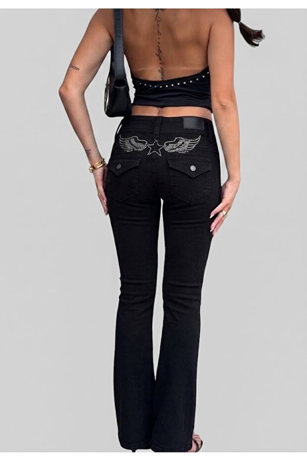 Low Waist Spanish Flare Jeans with Wing Detail and Flap Pockets – Double Buttoned