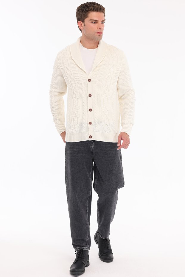Bone 80% Wool 20% Acrylic Hair Knit Patterned Buttoned Shawl Collar Knitwear Cardigan Trist-5369