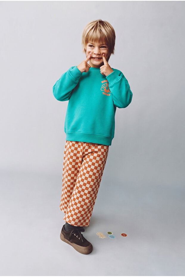Children's Bonjour Printed Turquoise School Sweatshirt and Orange Checkerboard Tracksuit Set