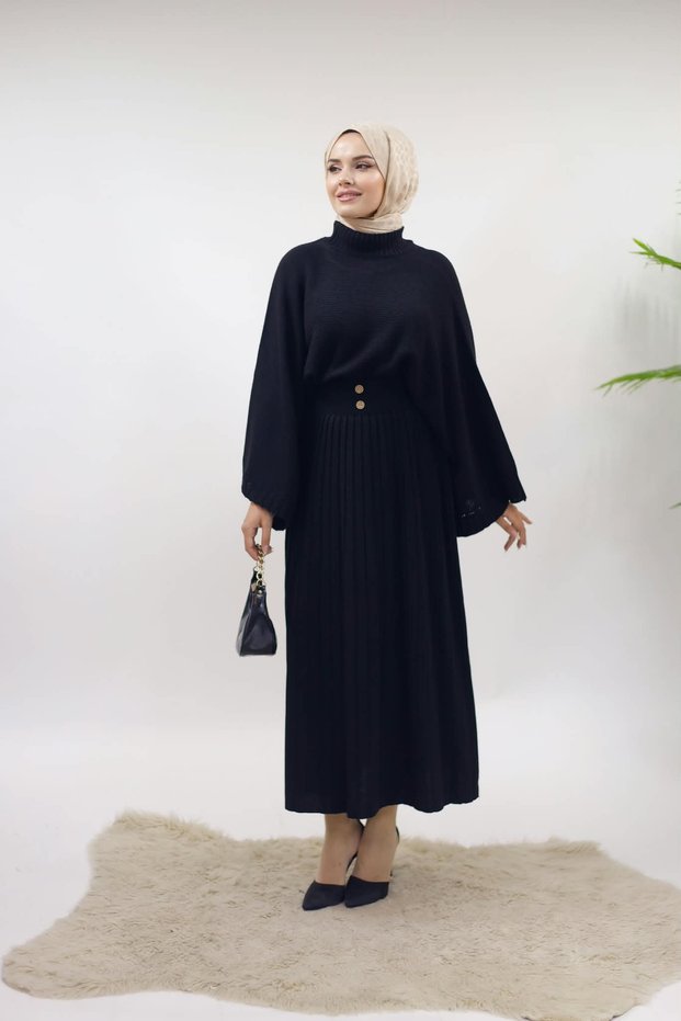 Women's Hijab Knitwear Double Set Bat Sleeve Sweater and Pleated Skirt