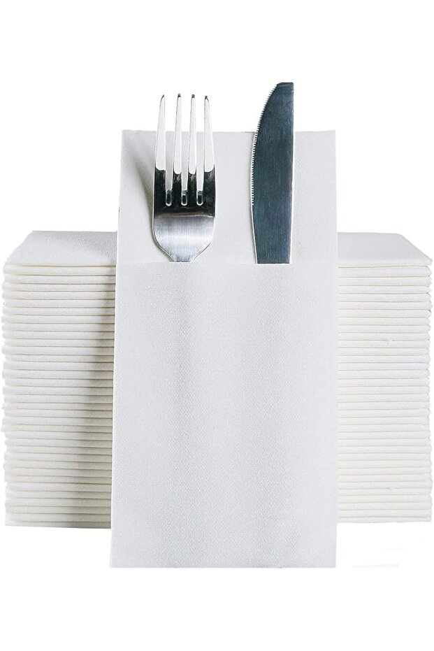 مناديل قماشية للاستخدام مرة واحدة مع جيب مدمج للأدوات، مناديل بيضاء بملمس الكتان، مطوية مسبقًا لأدوات المائدة الفضية