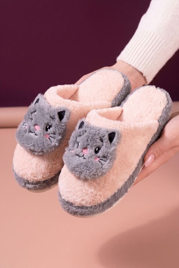 Jeydi Powder Gray Double Color Plush Winter Women's House Slippers with Cat Figure