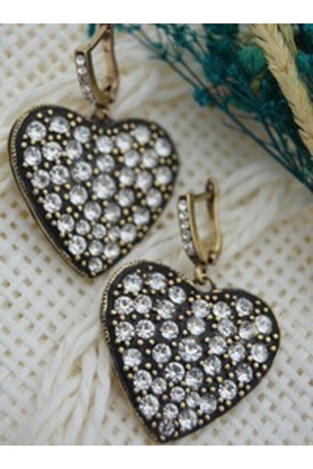 Zircon Stone Heart Earrings - Bronze Color -