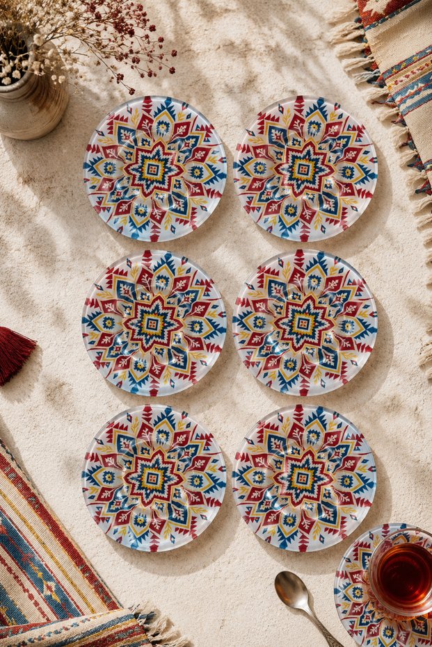 Set of 6 Glass Tea Plates - Ethnic Kilim Patterned 12 cm - 6 Tea Plates