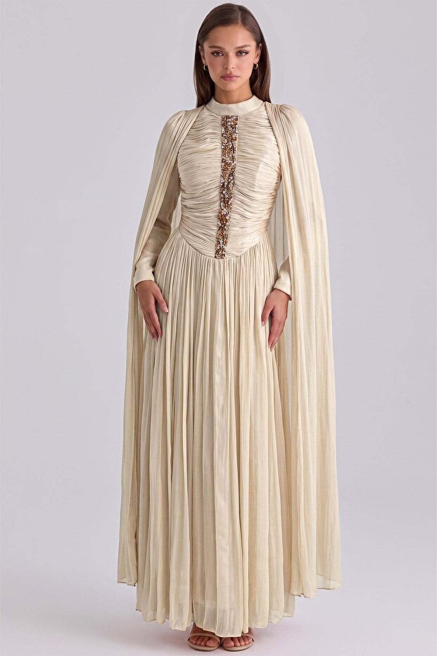 Stone Detailed Cape Yoryo Silk Hijab Evening Dress Open Beige 1262