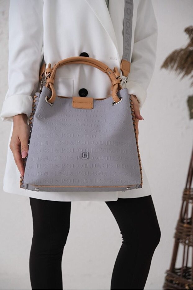 Women's Hand and Shoulder Bag with Embossed Logo, Double Strap, Flap, Stylish Bucket Shape, Light Gray
