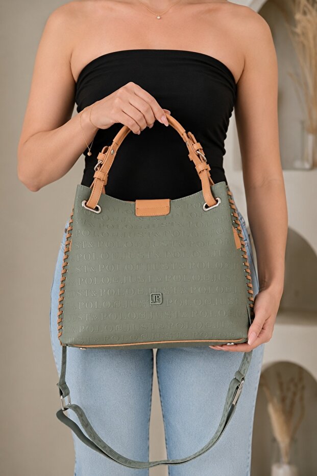 Women's Hand and Shoulder Bag with Embossed Logo, Double Strap, Flap, Stylish Bucket Bag, Khaki Green